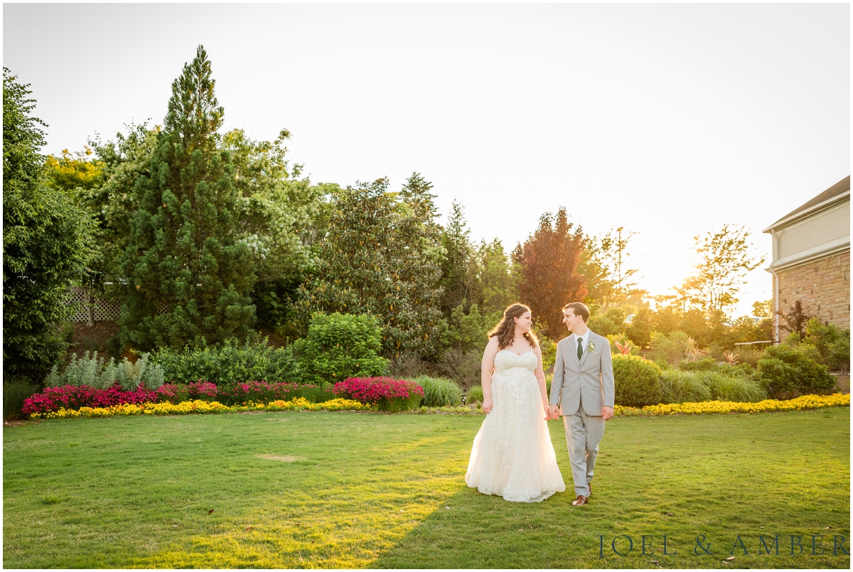Golden sunset bride and groom portrait at the Carriage House Huntsville Botanical Garden