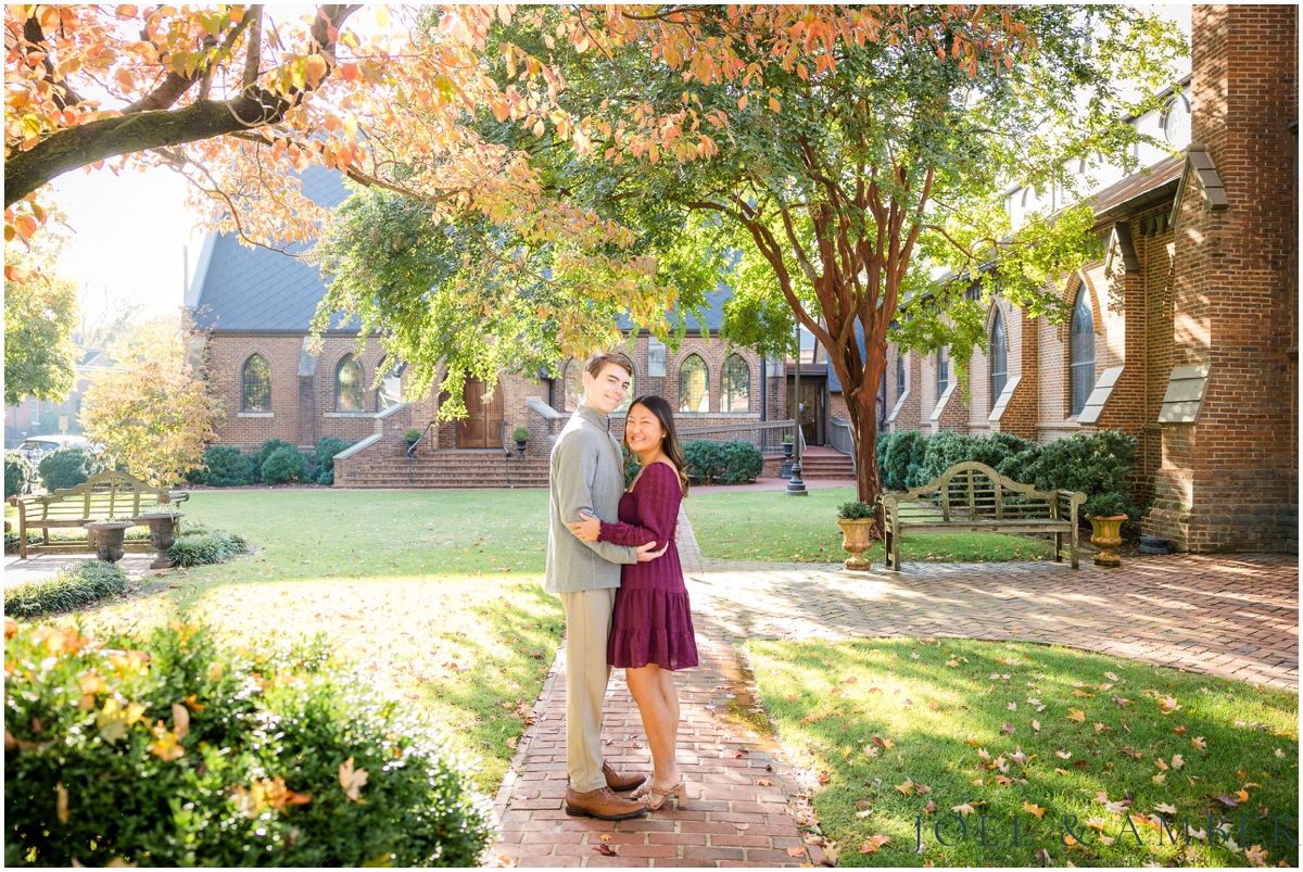 Fall Morning Coffee Shop Engagement Session in downtown Huntsville